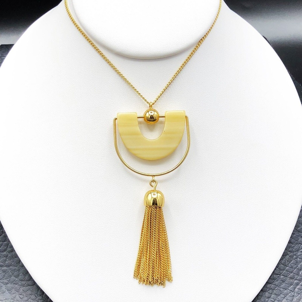 J Crew Pendant Necklace Bead & Tassel Lucite Gold‎ Tone Fringe Long Modern Chain